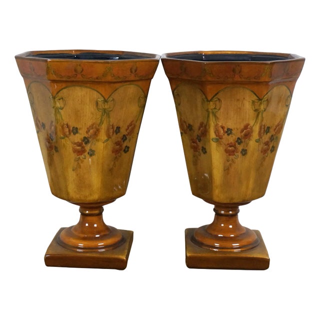 Late 20th Century Octagonal Neoclassical Swag Rose Porcelain Mantel Urns Trophy Vases- Set of 2 For Sale