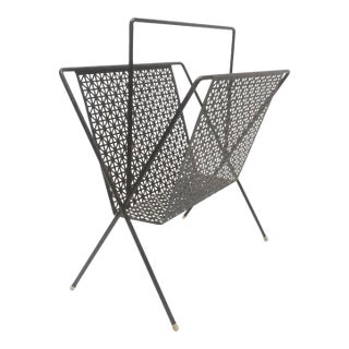 Mid 20th Century Black Perforated Metal Magazine Rack For Sale
