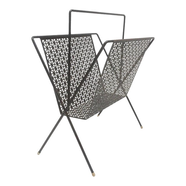 Mid 20th Century Black Perforated Metal Magazine Rack For Sale