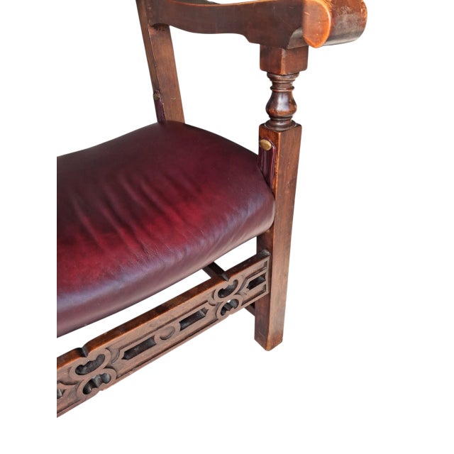 Rare Antique Spanish Revival / Gothic Oak Armchair in Oxblood Leather & Bronze Accents For Sale - Image 9 of 12