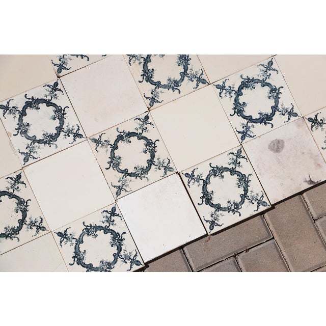 1920s Portuguese Antique Large Art Deco Floral & Plain White Tiles Set of 60 For Sale - Image 6 of 14