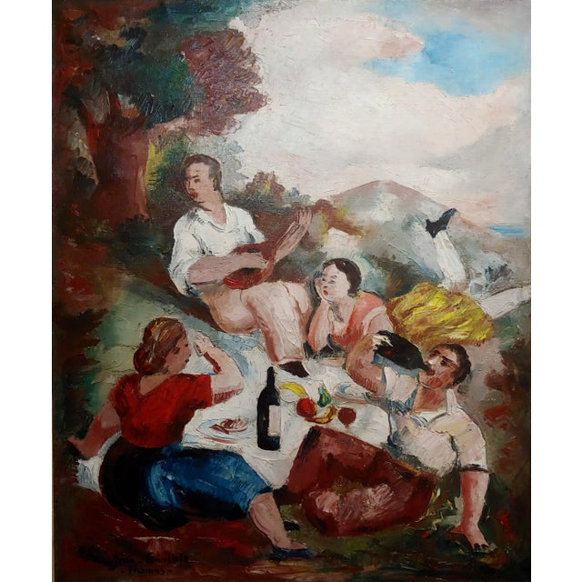 Modern Jean François -Drinking Wine and Singing Outdoor -1930s Oil Painting For Sale - Image 3 of 10