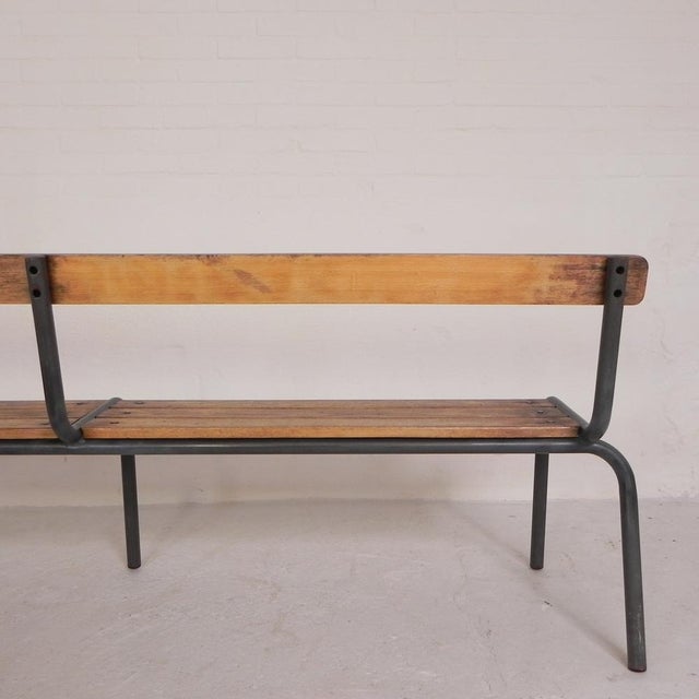 Industrial French School Slatted Bench, 1960s For Sale - Image 3 of 18