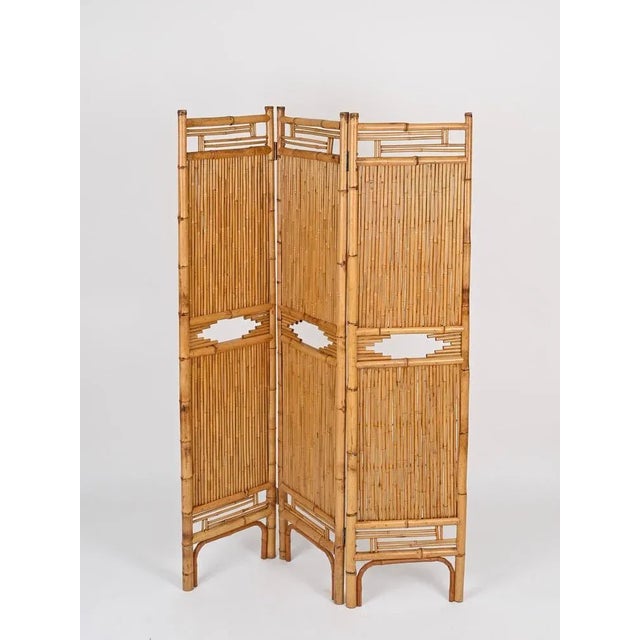 French Riviera Rattan and Bamboo 3-Panel Folding Screen, Italy, 1960 For Sale - Image 4 of 12