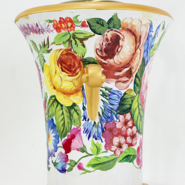 Green Vintage Floral Hand-Painted Brunschwig & Fils Wooden Table Lamps With Green Faux Marble Bases For Sale - Image 8 of 17