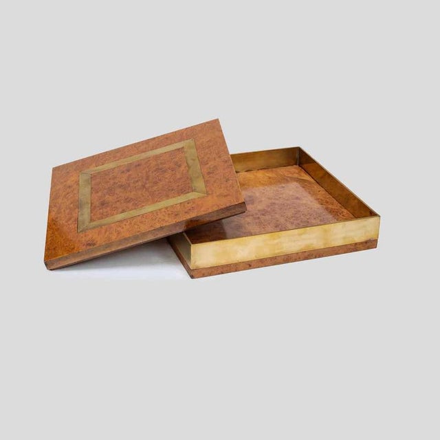 Large Elm Burl Wood and Brass Inlaid Lidded Box by Romeo Rega A modernist box crafted from richly figured elm burl wood...