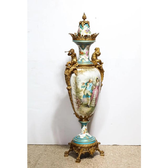 Mid 19th Century Palatial French Ormolu-Mounted Sevres Porcelain Hand-Painted Vase and Cover For Sale - Image 9 of 18
