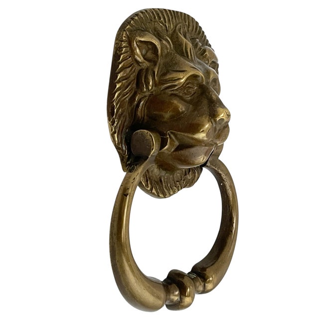 English Antique English Brass Lion Door Knocker For Sale - Image 3 of 9
