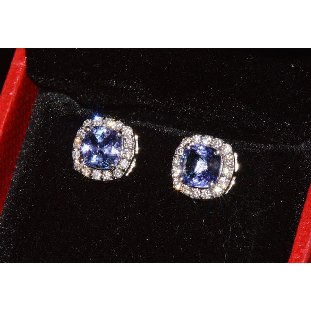 Certified Natural 2.35cts vs F Diamond Tanzanite Halo Stud Earrings, A Pair For Sale - Image 10 of 11