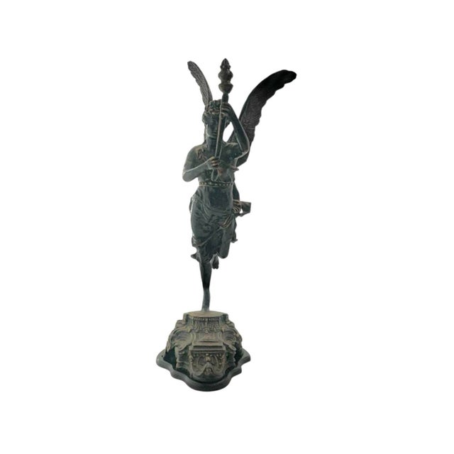 Early 21st Century Winged Angel Statue Metal Goddess With Torch Sculpture Vintage Classic Decor For Sale - Image 5 of 9