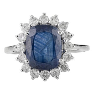 3.73 Ct Cushion Cut Natural Sapphire & Diamond Halo 14k Gold Statement Ring Size 5 For Sale