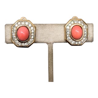 Vintage 1960s Signed Panetta Goldtone Cabochon Faux-Coral & Clear Rhinestone Clip Earrings-2 Pieces For Sale