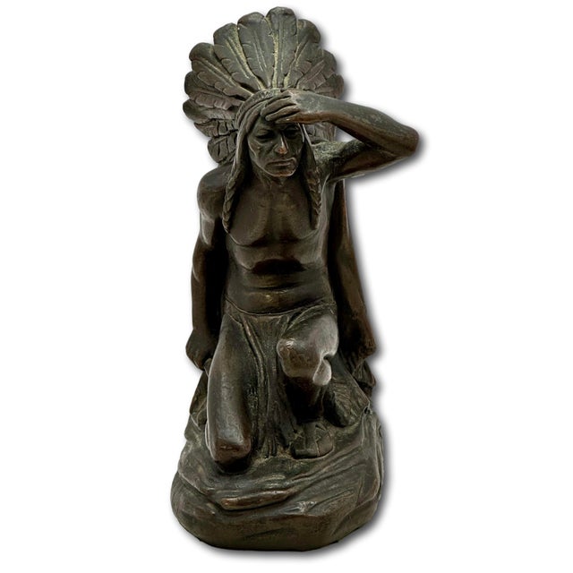 Large & Unusual Antique Native American Indian Motif Bronze Clad Bookends Signed Ruhl - Circa 1910s For Sale - Image 10 of 18