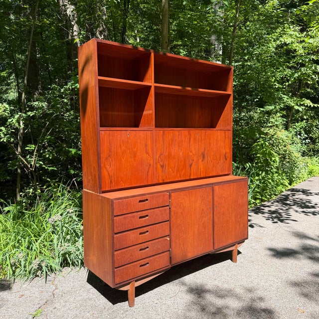 Mid 20th Century Danish Modern Two-Piece Bookshelf With Drop-Down Secretary Desk Top For Sale - Image 4 of 12