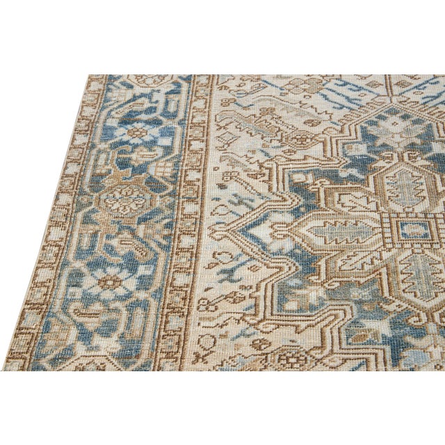 Antique Persian Heriz Handmade Geometric Medallion Beige Wool Rug For Sale - Image 4 of 10