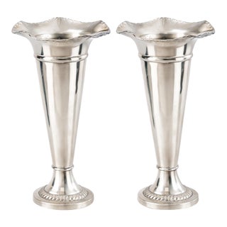 Pair of Vintage Silverplate Fluted Trumpet Vases – Scalloped Rim Wedding Centerpiece Floral Vases (12”) For Sale
