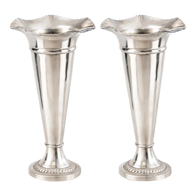 Pair of Vintage Silverplate Fluted Trumpet Vases – Scalloped Rim Wedding Centerpiece Floral Vases (12”) For Sale