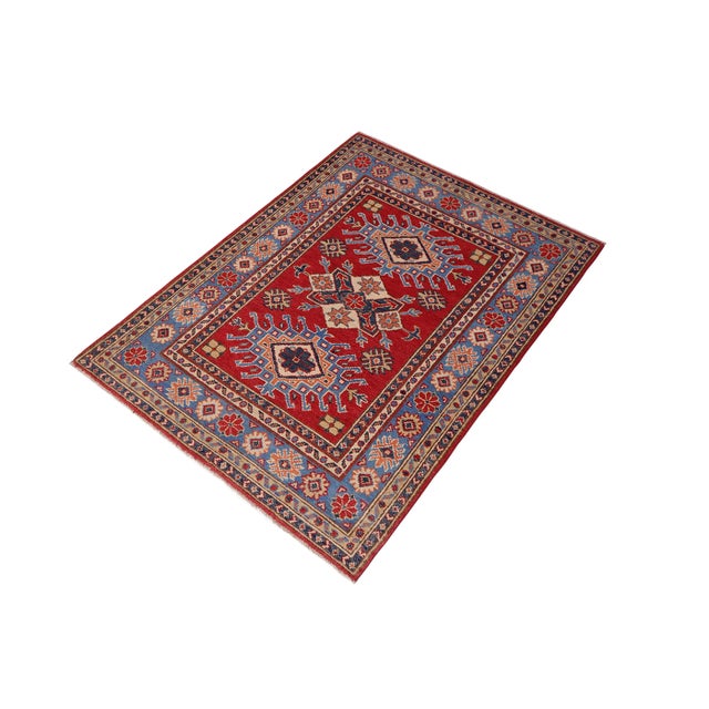 Textile 1990s Rustic Kazak Red/Light Blue Wool Rug - 3'3'' X 4'9'' For Sale - Image 7 of 8