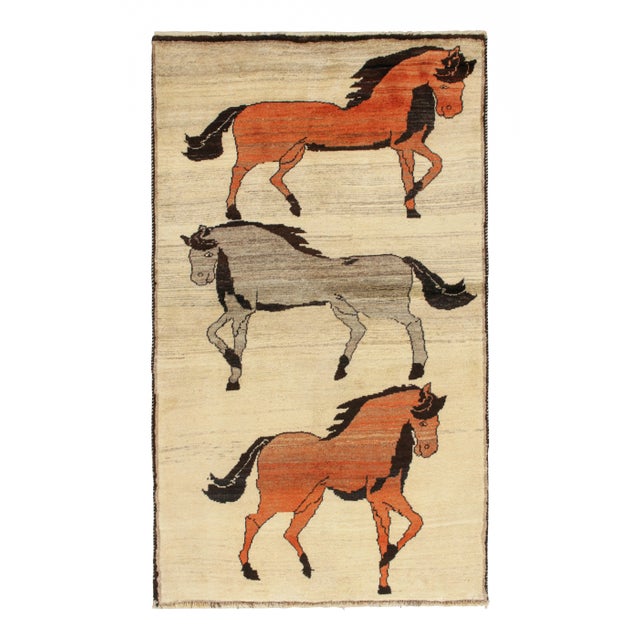 Beige 1950s Vintage Persian Rug in Beige With Horse Pictorials by Rug & Kilim For Sale - Image 8 of 8