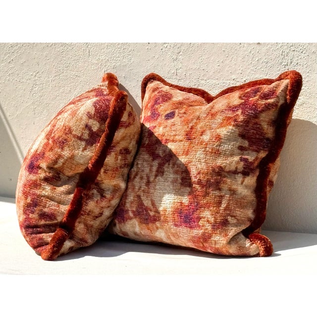 Pair of luxurious orange / terra-cotta slub boucle/velvet “tie-dyed” pillows with triple silk moss fringe, hidden zippers...