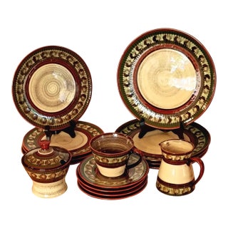 Autumn Harvest Pottery Dinnerware Set, Hand Thrown Red Clay Artist Signed Tableware Service for 4, 18 Piece Thanksgiving Geometric Ceramic Plate Set For Sale