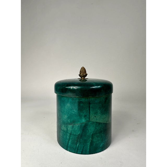 Metal Mid 20th Century Turquoise Cylindrical Goatskin Lidded Box in the Style of Aldo Tura For Sale - Image 7 of 7