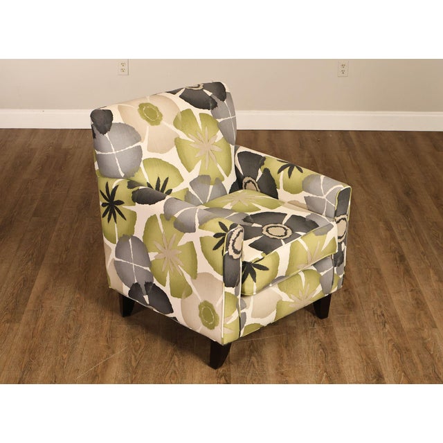 Upholstered Lounge Chair with Green Foliate Fabric on Black Painted Tapered Feet