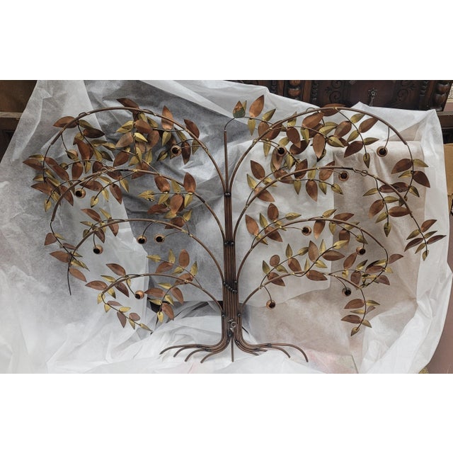 Mid-Century Modern "Tree of Life" wall sculpture created by Curtis Jeré. Features brass and copper depiction of a cherry...