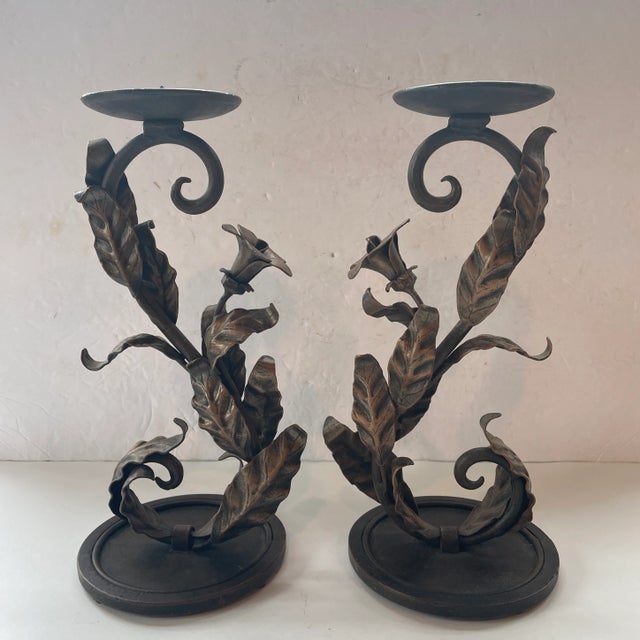 Art Deco Vintage Hand Wrought Metal Candlestick Holders Set of 2 For Sale - Image 3 of 13