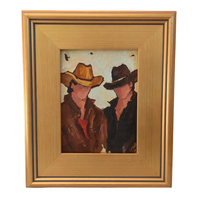 Impressionist Western Cowboys Portrait Painting Including the Antiqued Gold Wood Frame For Sale