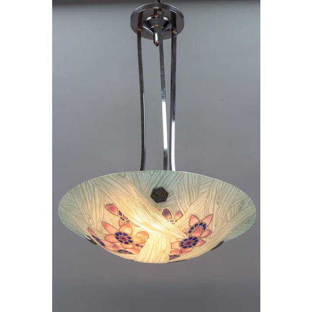 Art Deco French Floral Glass and Chrome Pendant Light from Loys Lucha, 1930s For Sale - Image 6 of 18