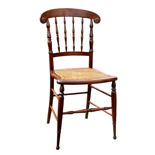 Wood Antique American Hand Carved Walnut Accent Chair Wit Woven Cane Seat For Sale - Image 7 of 18