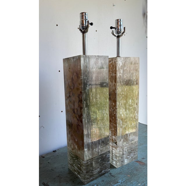 Very Heavy Vintage Pair of Fractal Resin Column Lamps in a Modernist Glam style. This unique lamp style is from the latter...