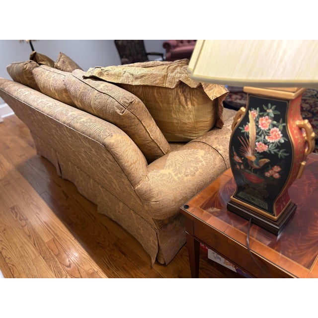 2010s Ej Victor Ultra-Premium Classic Sofa With Silk Damask Gold Upholstery in Like-New Condition For Sale - Image 5 of 6