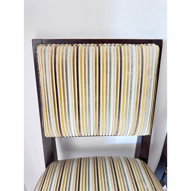 2020s Set of 2 Cherish-Bar Stools From Crate & Barrel With Romo Striped Textured Velvet Upholstery Seat Covering For Sale - Image 5 of 12