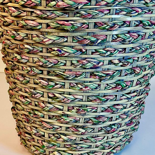 Wood 1970s Vintage Boho Chic Coastal Colorful Dyed Wicker Wastebasket. For Sale - Image 7 of 12