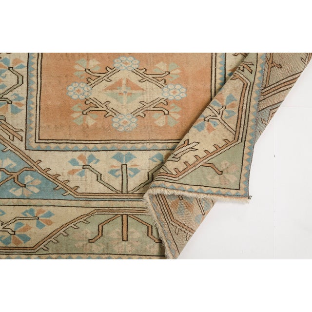 Peach Vintage Turkish Medallion Rug, Hand-Knotted Wool, Peach and Blue For Sale - Image 8 of 10