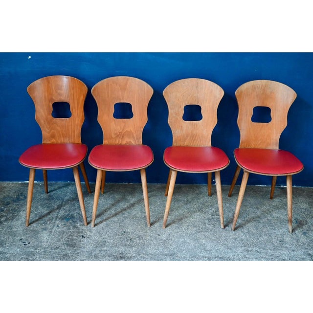 Vintage Retro Gentiane Bistro Chairs with Tapered Legs and Red Faux Leather from Baumann, 1960s, Set of 4 For Sale - Image 4 of 18