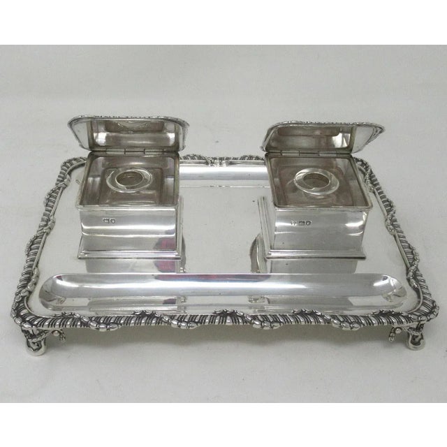 Art Deco Antique Art Deco English Sterling Silver Ink Desk Inkstand Desk Set London 1910 For Sale - Image 3 of 12