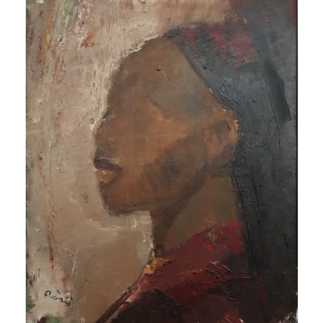 Mid-Century Modern 'Profile in Burgundy' Vintage Original Swedish Figurative Portrait Oil Painting, Framed For Sale - Image 10 of 11