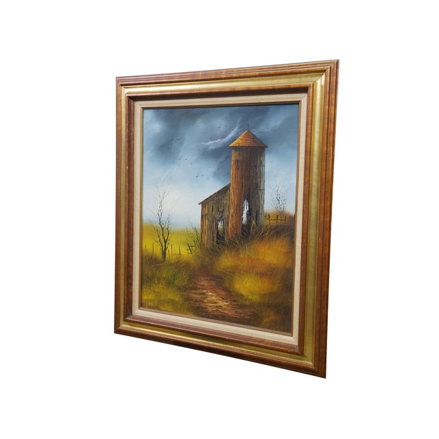 Realism Late 20th Century Everett Woodson Rustic Barn Farm Silo Landscape Oil Painting 31" For Sale - Image 3 of 11