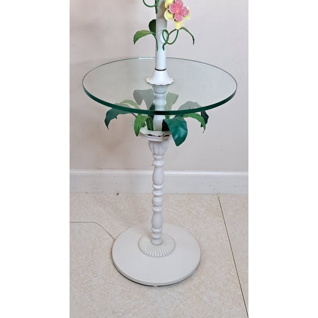 Metal Vintage Hand-Painted Floral Tole Floor Lamp With Glass Table, Hollywood Regency For Sale - Image 7 of 15
