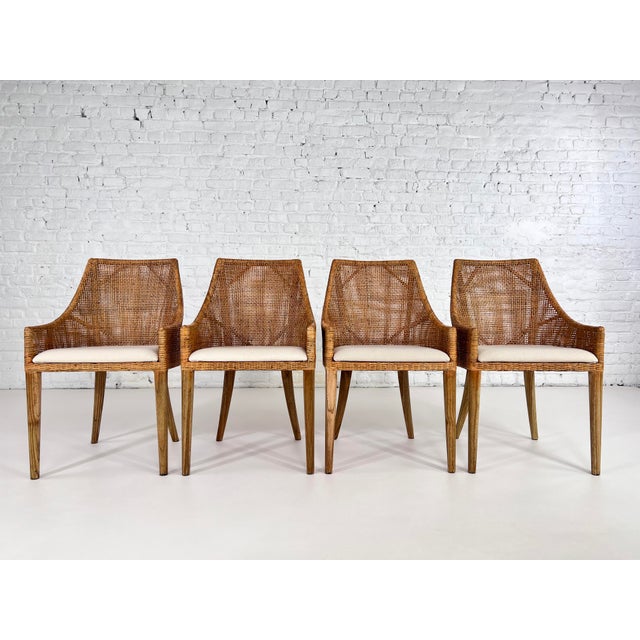 Mid-Century Modern Wood and Rattan Bar Stools, Set of 4 For Sale - Image 3 of 15