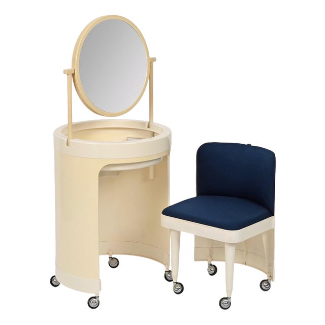 Italian White & Cream Vanity Table with Blue Seat from Studio Kastilia Silvi, 1970s, Set of 2 For Sale