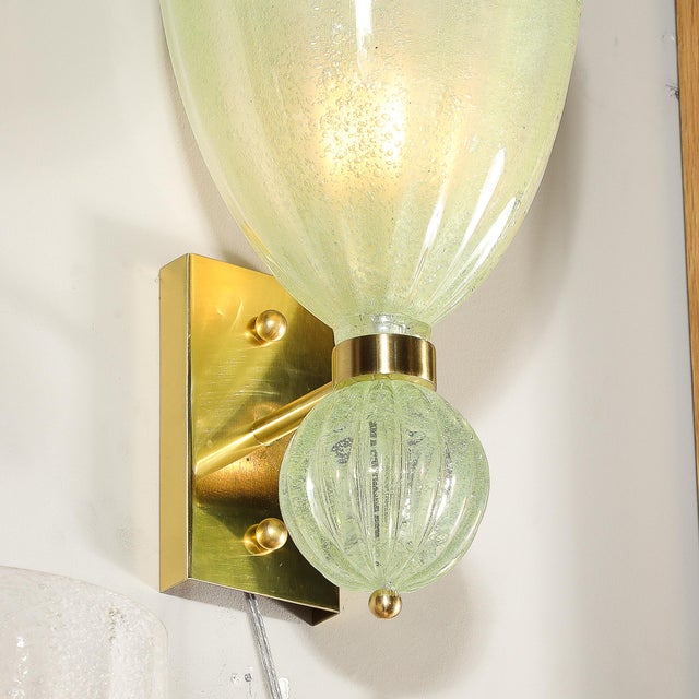 Jade Pair of Modernist Pale Jade Hand-Blown Murano Glass Sconces W/ Brass Fitting For Sale - Image 8 of 12