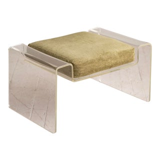 1970s Vintage Hollywood Regency Lucite Bench With Olive Green Chenille Cushion For Sale