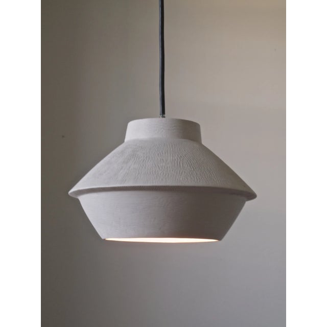 Contemporary Organic Modern Sculptural Ceramic Gubbio Pendant Lights by Miri Mara – Ribbed Stoneware, California Studio - Unused Pair For Sale - Image 3 of 10