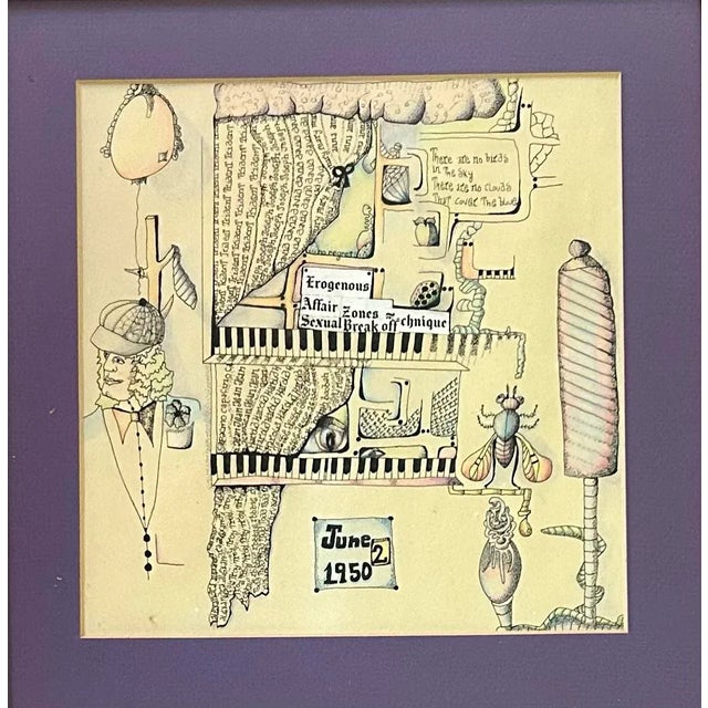 Vintage 1950’s Outsider Surrealist Drawing Watercolor With Man and Keyboard For Sale - Image 4 of 6