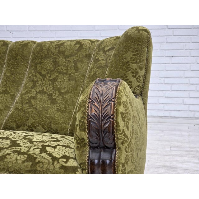 Mid-Century Modern Vintage Danish Three-Seater Sofa in Furniture Velour and Carved Oak, 1950s For Sale - Image 3 of 18