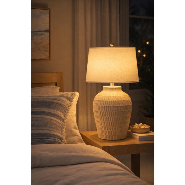 Late 20th Century Large Textural Ribbed Ceramic Table Lamp – Coastal Neutral For Sale In Los Angeles - Image 6 of 12